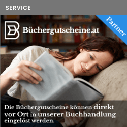 Eine Frau liegt lesend auf einer Couch, sie lächelt. Zu sehen ist ebenfalls das Logo von Büchergutscheine.at